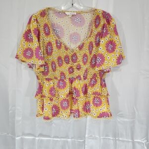 June & Hudson Size 1 Floral Yellow and Pink Women's Top